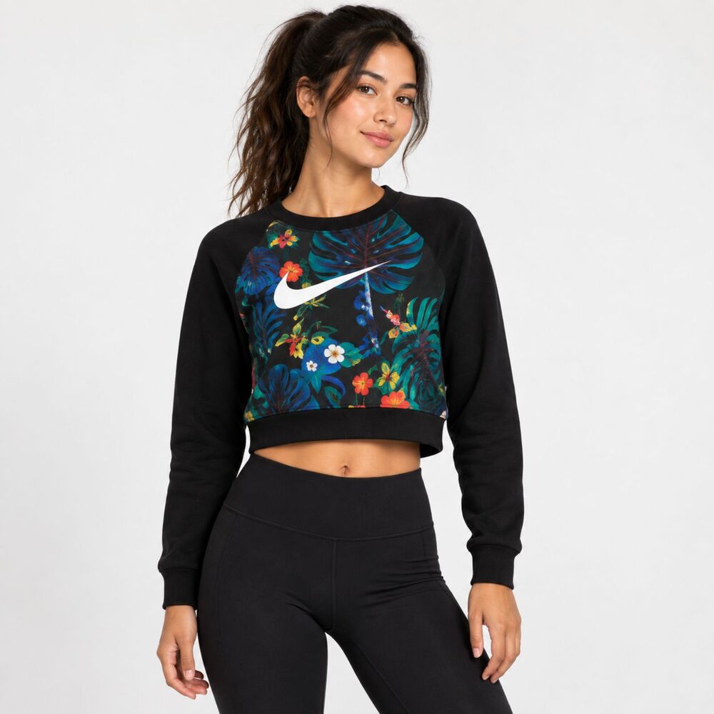Nike Women’s S Cropped Tropical Floral Swoosh Sweatshirt Black Multicolor